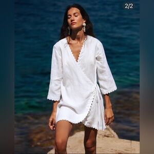 Morton Mac The Gita Scalloped Wrap Dress White Linen Resort-wear Size Medium NWT